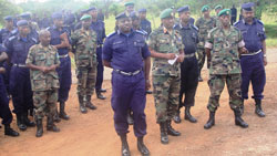 ( R-L) IGP Emmanuel Gasana, Brigadier General Dan Gapfizi and Lt. Colonel Didace Ndahiro observing trainees' demonstrations (Photo S.Rwembeho)