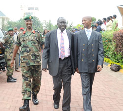 Justice Minister ,Tharcisse Karugarama ,(C) flanked by Internal Security Minister Fazil Harerimana and RDF CDS, Lt Gen Charles Kayonga at the GBV meet yesterday (Photo J Mbanda)