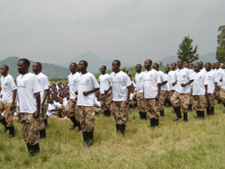 Taximoto operators participate in drills as part of the Itorero in Nkumba. (Photo B Mukombozi)