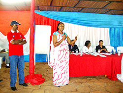  Dr Aisa Kirabo Kacyira addresses RPF members shortly after she was elected the party chairperson in the Province yesterday. (Photo S.Rwembeho)