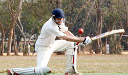  A member of the Conservatives team batting during the match against the Rwanda old timers team at the Kicukiro cricket oval, yesterday.  (Photo T.Kisambira)