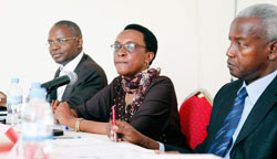 (R-L) Senior advisor in MINEDUC,Callixte Kayisire, Transparency Rwanda's Marie Immaculee Ingabire, and Apollinaire Mupiganyi. The Sunday Times /Timothy Kisambira