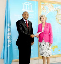 Ambassador Jacques Kabale presenting his credentials to UNESCO's Irina Georgieva Bokova. Courtesy Photo