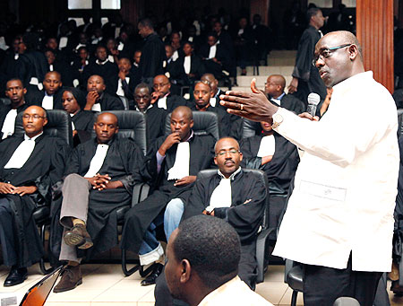  High Court president, Johnstone Busingye, trains lawyers in using electronic filing system, yesterday. The Sunday Times /Timothy Kisambira