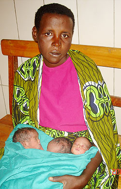 Tanasia Nyirabarimwabo with her triplets at Byumba hospital. The Sunday Times / F. Ndoli