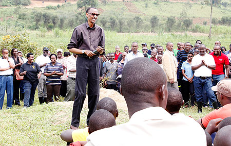 President Kagame addressing residents of Nduba Sector in Gasabo District, yesterday, after the monthly community work, Umuganda. Sunday Times/Timothy Kisambira