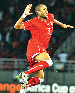 Equatorial Guinea's David Alvarez celebrates scoring the winner against Senegal.