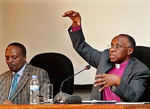 Rt. Rev (Rtd) John Rucyahana together with Jean Baptiste Habyarimana during the talk show on Sunday. (The New Times / T. Kisambira)