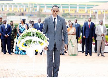 President Kagame paying respects to national heroes yesterday. The New Times Village Urugwiro.