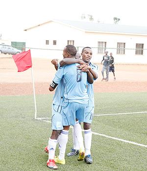 Isonga players celebrate after scoring in a past league match. The youthful side stunned Rayon 3-1 on Saturday. The New Times / File.