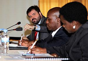 (L-R) ADRA Country Director, Jefferson Kern, (L), Erasme Rwanamiza, Director General  of Education and Planning at the Education Ministry, and Esperance Muziganyi, an expert from Mineduc during the meeting yesterday.The New Times / Timothy Kisambira 