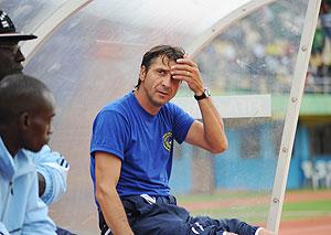 Police coach Goran Kopunovic watched Wednesdayu2019s match from the stands after being slapped with a one-match ban. The New Times / T. Kisambira.