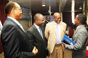 L-R:  Dr Edward G. Hoseah from Tanzania, UN Resident Coordinator Aurelien Agbenonci, Ombudsman Augustin Nzindukiyimana, and Antonio Pedro from UN Economic Commission for Africa at the meeting on corruption yesterday. The New Times/J. Mbanda