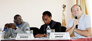  (L-R)Macter Seck of UNECA, Gasingirwa M Christine of MINEDUC and Hugh Delanem from UNICEF, during the meeting yesterday . The New Times / Timothy Kisambira