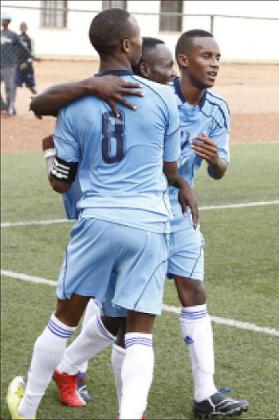 Isonga players celebrate after scoring against SC Kiyovu. The youthful side has been docked three points for fielding an ineligible player in last week's league tie against AS Kigali. The New Times / File.