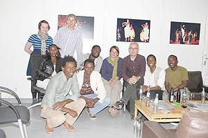 Young Rwandan filmmakers pose for a goup photo with the staff of Goethe-Institut, the sponsor of the screening night. (Photos by Odile Uwimbabazi).