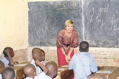 Princess Petra Laurentien Brinkhorst conducts a lesson in Primary Three, Groupe Scolaire Mayange, yesterday. The New Times / Courtesy