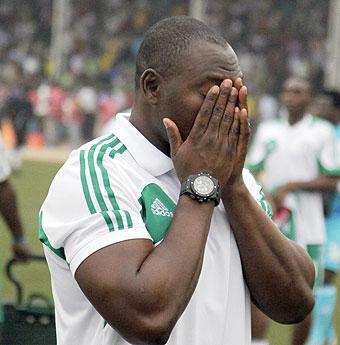 Stephen Keshiu2019s assistant Daniel Amokachi could not hide his frustration at the end of the match. The New Times/T. Kisambira.