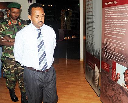 Ethiopian Defence Minister Berhanu Abera at the Kigali Genocide Memorial yesterday. The New Times / John Mbanda.