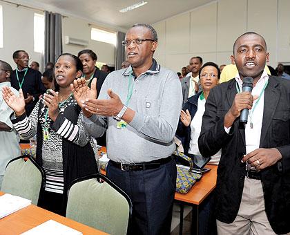 TAKING A BREATHER: Delegates at the 9th leadership retreat  in Gako yesterday. The New Times / Village Urugwiro.