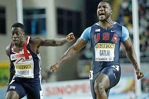 Justin Gatlin celebrates winning the Men's 60m final during the World Indoor Athletics Championships in Istanbul.