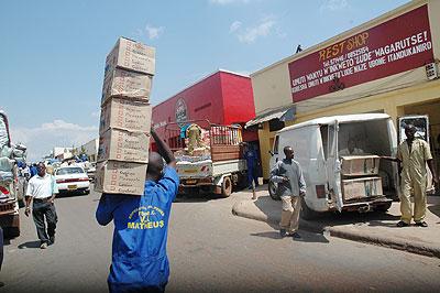 Business on Kigali's Matheus street. Most of the goods come through the ports of Mombasa and Dar-es Salaam.  The New Times / File.