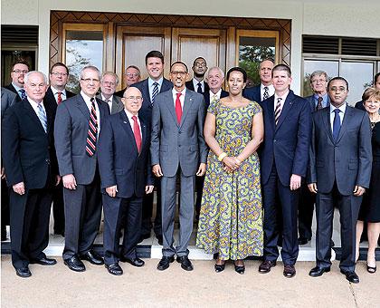 President Kagame and the First Lady with a delegation from Oklahoma Christian University yesterday. The New Times / Village Urugwiro.