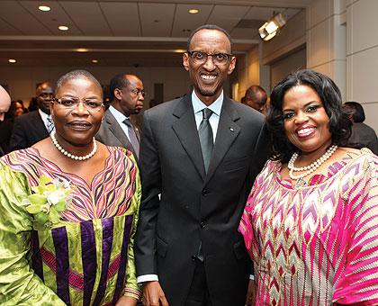 President Kagame with Dr. Obiageli u201cObyu201d Ezekwesili (L), and Rosa Whitaker, CEO of the Whitaker Group in Washington. The New Times / Village Urugwiro.