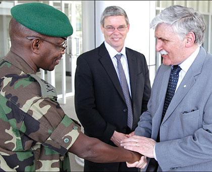 Former UNAMIR Commander Lt. Gen. Romeo Dallaire (R) with Brig. Gen. Frank Mushyo Kamanzi, Commandant, Rwanda Military Academy (Gako), and Phillip Lancaster (C), a former military assistant to Dallaire. The New Times / Timothy Kisambira.