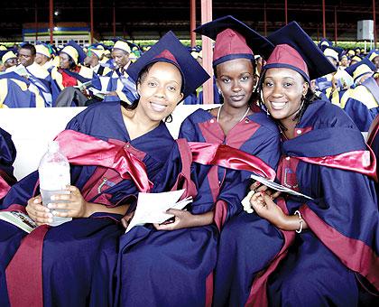 ALL SMILES: Graduands during last Fridayu2019s graduation ceremony at ULK. The Sunday Times / Timothy Kisambira.