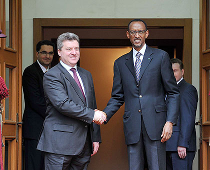 President Kagame with the Macedonian President Dr Gjorge Ivanov, who hosted him to a luncheon, yesterday, ahead of the ITU Broadband Commission meeting that kicks off today in Ohrid, Macedonia. The New Times/Courtesy.