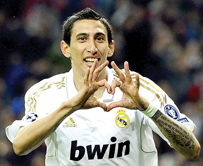 Real Madridu2019s Angel di Maria celebrates after scoring against Apoel Nicosia at the Santiago Bernabeu Stadium. Net photo.