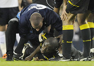 Boltonu2019s Fabrice Muamba receives treatment after he collapsed on the field. CAF is leaving nothing to chance by providing medical kits to all its members. Net photo.