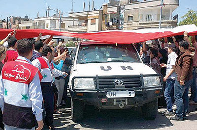 Monday's violence came as UN observers continued their tour of protest hubs near Damascus. Net photo.