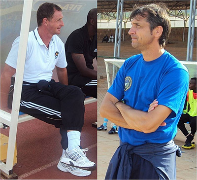 APR's Dutch coach Brandts Ernest (left) is sweating to defend the league title against Police's Serb coach Goran Kapunovic (right).