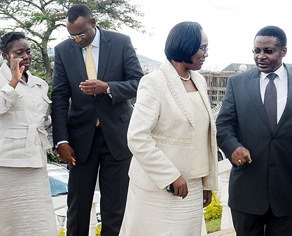 L-R: Ugandau2019s Rebecca Kadaga, EALAu2019s Abdirahin Abdi, Rose Mukantabana of Rwanda and Kenyau2019s Kenneth Marende. The New Times / John Mbanda.