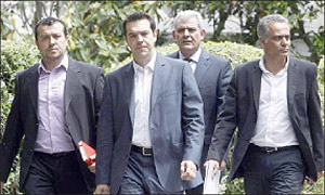 President Karolos Papoulias, right, has given Alexis Tsipras, left, three days to form a coalition government. Net Photo.