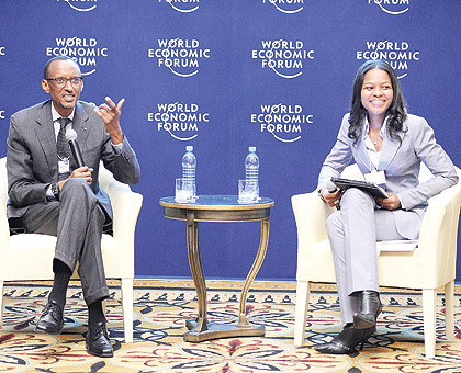 President Kagame with Leyla Gozo the moderator of the interactive session he held with the 32 Global shapers from 17 African countries. The New Times / Village Urugwiro.