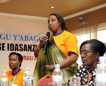 Hon. Alphosine Mukarugema addressing women during their General Assembly, yesterday. The Sunday Times / Timothy Kisambira.