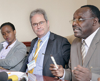 (R-L) Trade and Industry Minister Francois Kanimba, David Bridgman, regional manager, Investment Climate, World Bank Group, and Clare Akamanzi, COO RDB, during a news conference about business climate in the region yesterday.The New Times / Timothy Kisamb