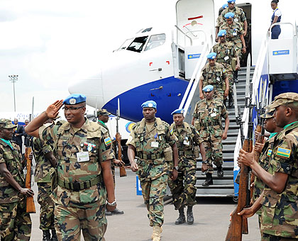 RDF soldiers returning from a peacekeeping mission. Kigali will, this week, host a UN senior leaders peacekeeping course. The New Times / File.