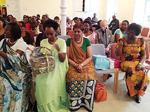 Different Rwandans at the meeting with Ambassador Venetia Sebudandi (L) in Copenhagen. The New Times / Courtesy.