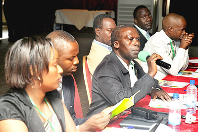 A participant makes a point at the Eastern Africa Productive Health meeting yesterday. The New Times / John Mbanda.