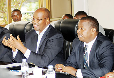 Local Government Minister, James Musoni and Permanent Secretary Cyril Turatsinze before the Parliamentary Budget Committee on Monday. The New Times/John Mbanda.