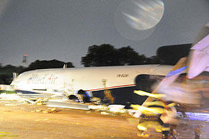 Wreckage of a cargo plane which crashed outside the El Wak Stadium, less than 10 km from the Accra airport in the capital of Ghana, around 8 pm local time on Saturday. Xinhua.