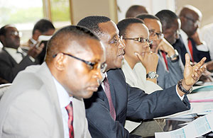 Education Ministry officials led by Minister Vincent Biruta (2nd L) before the Parliamentary Budget Committee yesterday. The New Times / John Mbanda.