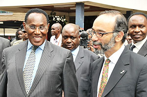 The late Professor George Saitoti (L), with Peter Tibber (R), British High Commissioner to Kenya at the Police Headquarters Nairobi, Kenya, April 3, 2012.