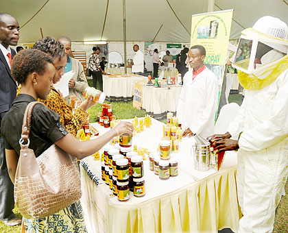 A bee-keeping association displays honey and other products at the expo. The New Times / John Mbanda.