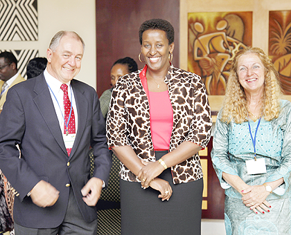 First Lady Jeannette Kagame(C) together with Dr Susan Allen, Founder of Project Sanfrancisco (R) and her husband  Dr Eric Hunter. .The New Times / Timothy Kisambira.