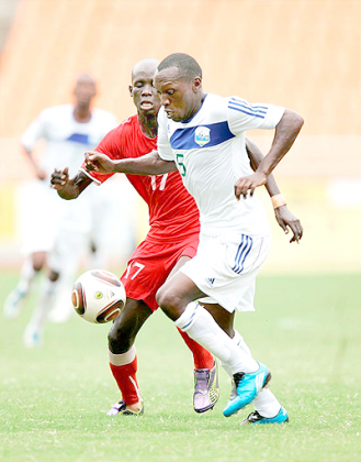 Meddie Kagere (right), seen here in action against Sudan during last yearu2019s Cecafa Senior Challenge Cup in Tanzania, will be a free agent after July 4. The New Times/File.